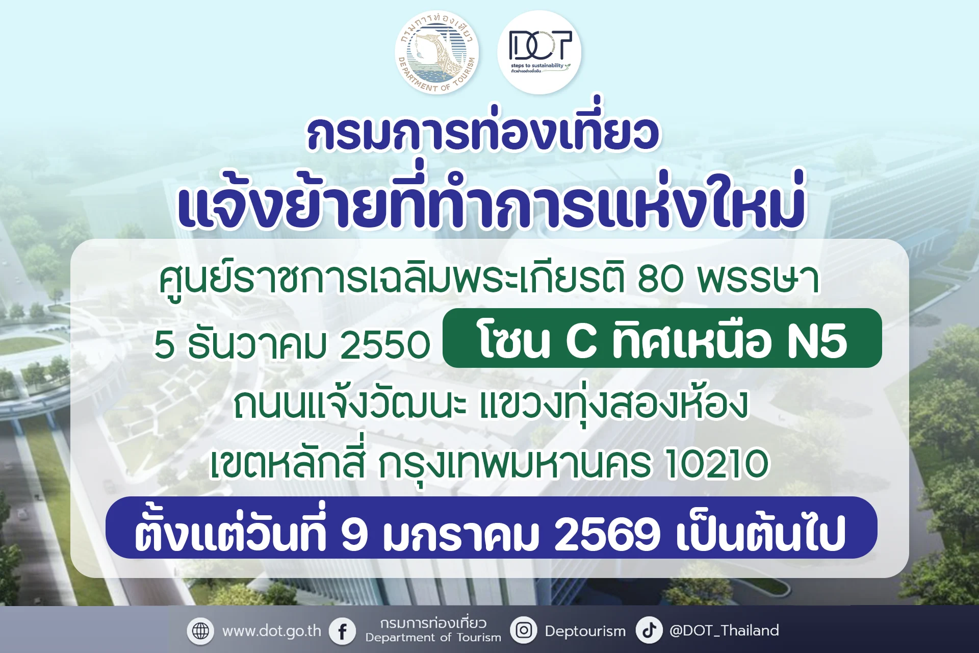 ฤกษ์ดี 9 ม.ค. 69 กรมการท่องเที่ยวย้ายสถานที่ทำการไปยังอาคาร โซน C ศูนย์ราชการฯ แจ้งวัฒนะ